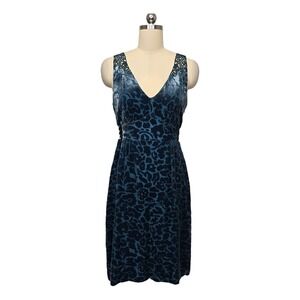 Moulinette Soeurs Velvet Burnout Floral Dress Blue Lace Trim V Neck Midi Size 4